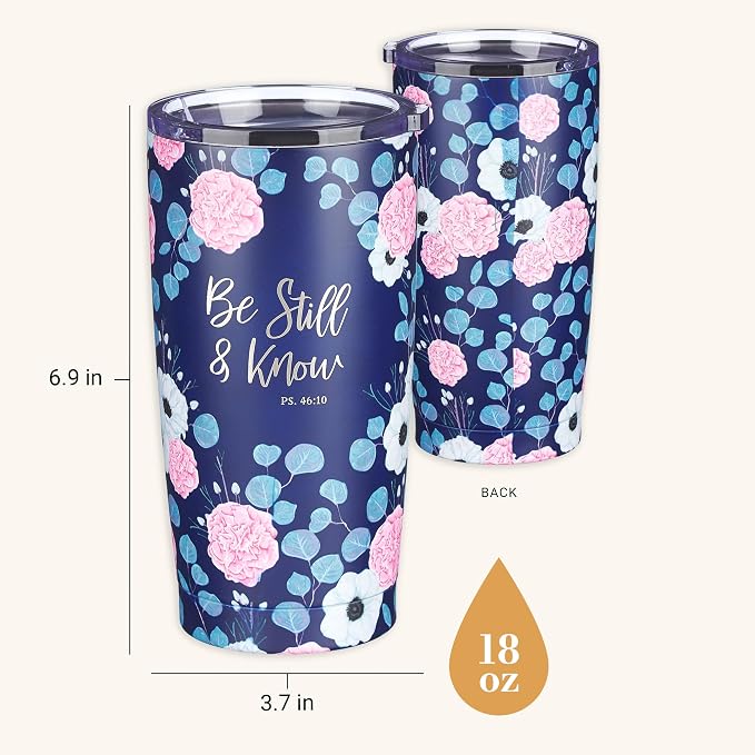 Christian Art Gifts Stainless Steel Double-Wall Vacuum Insulated Travel Mug 18 oz Navy Blue with Pink Floral Tumbler with Lid for Women with Inspirational Bible Verse - Be Still & Know -Psalm 46:10