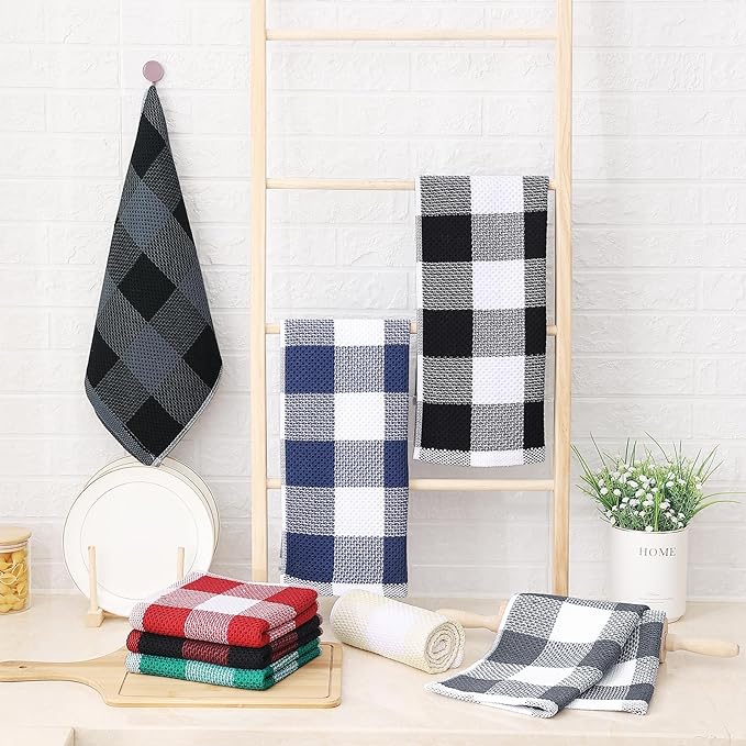 Homaxy 100% Cotton Waffle Weave Check Plaid Kitchen Towels, 13 x 28 Inches, Super Soft and Absorbent Dish Towels for Drying Dishes, 4-Pack, Black & Grey