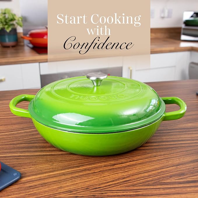 Shallow Cast Iron Casserole with Lid – Non Stick Dutch Oven Pot, Oven Safe up to 500° F – Sturdy Ovenproof Stockpot Cookware – Enamelled Cooking Pot – Green, 5-Quart, 32cm – by Nuovva