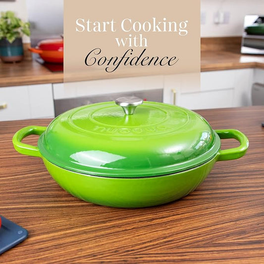Shallow Cast Iron Casserole with Lid – Non Stick Dutch Oven Pot, Oven Safe up to 500° F – Sturdy Ovenproof Stockpot Cookware – Enamelled Cooking Pot – Green, 5-Quart, 32cm – by Nuovva