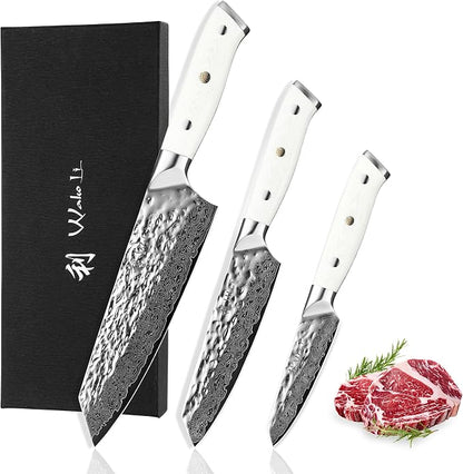 Wakoli Pearl Blanche Damascus Kitchen Knife Set, 3-Piece Professional Chef Knife Set | 67-Layer Damascus Steel with VG10 Core | White G10 Handles | Gift Box