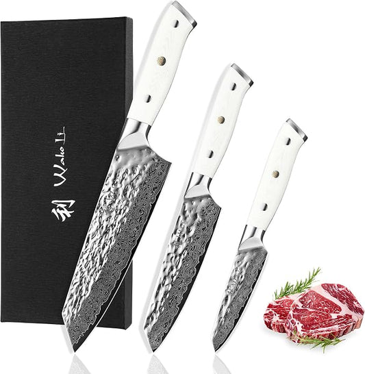 Wakoli Pearl Blanche Damascus Kitchen Knife Set, 3-Piece Professional Chef Knife Set | 67-Layer Damascus Steel with VG10 Core | White G10 Handles | Gift Box