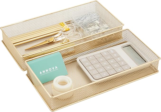 Annova Mesh Stackable Drawer Cabinet and Shelf Organizer Bins Storage Basket School Office Supply Holder Tray- Set of 2 (Gold, 6x12x2 Inch)