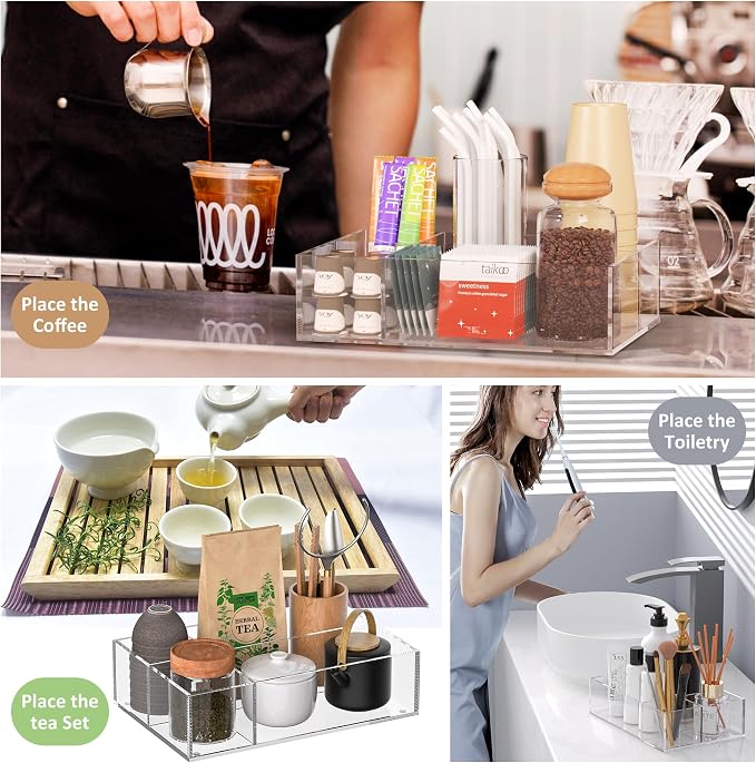 Clear Coffee Station Accessories Organizer, Countertop Acrylic Coffee Bar Tray for Coffee, Tea Bags, Condiments, Cups, Jars