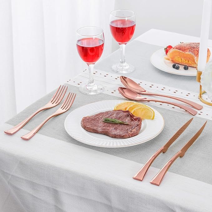 24 Pieces Rose gold Silverware Set with Steak Knives Service for 4,Modern 18/10 Stainless Steel Flatware Cutlery Set,Utensil Set for Home Restaurant Hotel,Mirror Polished,Dishwasher Safe