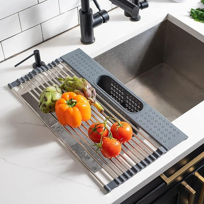 edge Roll Up Dish Drainer, Over The Sink Multi-Purpose Foldable Drying Rack with Caddy, Gray, Large - 20"x11"