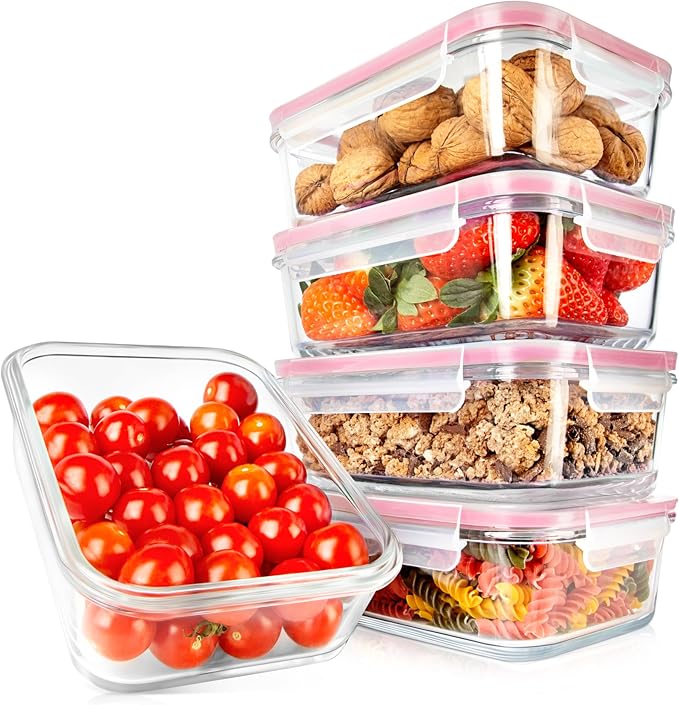 NutriChef 10-Piece Glass Food Containers - Stackable Superior Glass Meal-prep Storage Containers, Newly Innovated Leakproof Locking Lids w/Air Hole, Freezer-to-Oven-Safe (Red)