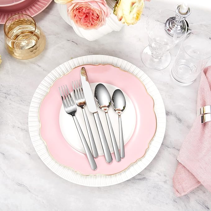 KEAWELL Premium Aline Silverware Set, 45-Piece Mirror-Polished 18/10 Stainless Steel Flatware, Dishwasher Safe for Refined Dining and Entertaining (45, Silver)
