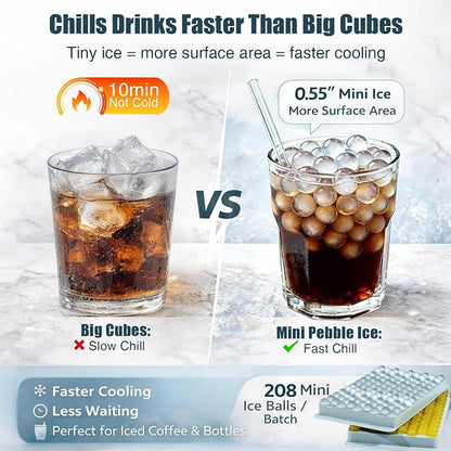 WIBIMEN Mini Ice Cube Trays, 0.55” Tiny Pebble Ice for Iced Coffee & Cocktails, Fast Chill, Easy Twist Release, Stackable with Lid & Storage Bin (2 Pack, Blue)