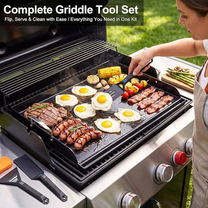 Cast Iron Griddle for Gas Grill with 5-Piece Silicone Griddle Tool Kit 25" x 16" Nano-Ceramic Nonstick Grill Griddle for Gas Charcoal Grills Flat Top Grill Accessories with Stainless Steel Core Tools