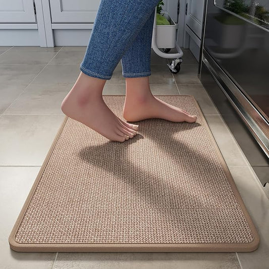 YDKGL Kitchen Rugs Mat Non Slip Washable, Linen-Look 0.3" Thick Soft Cushioned Absorbent Kitchen Mats for Floor, Mild Anti-Fatigue Runner Rug Sink Mat Laundry Standing Mats, Easy Clean, Brown 17"x30"