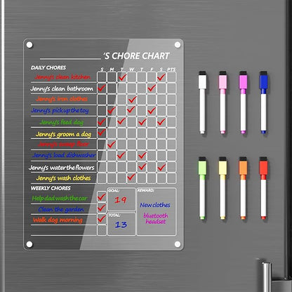 Neatsure Acrylic Magnetic Chore Chart for Fridge, Clear Dry Erase Chores Chart for Refrigerator, Responsibility Reward Planning Board for Teens Family, w/ 8 Colors Markers, 12"x9"
