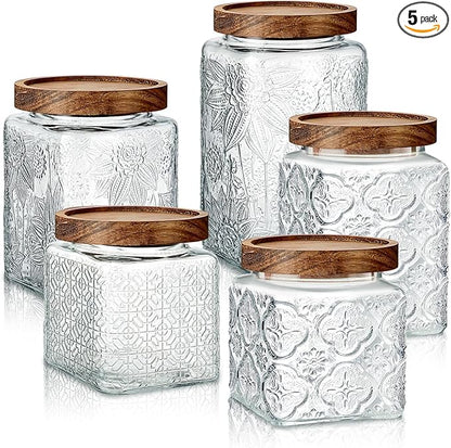 Gerrii Clear 5 Pcs Vintage Glass Food Storage Containers 17/24/34 oz Glass Jar with Lid Airtight Candy Food Canisters for Kitchen Counter Pantry Coffee Beans (Begonia,Sunflower,Window Grilles Square)