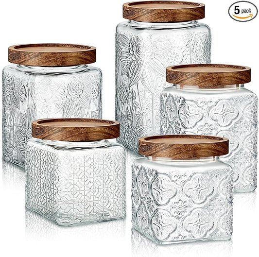 Gerrii Clear 5 Pcs Vintage Glass Food Storage Containers 17/24/34 oz Glass Jar with Lid Airtight Candy Food Canisters for Kitchen Counter Pantry Coffee Beans (Begonia,Sunflower,Window Grilles Square)