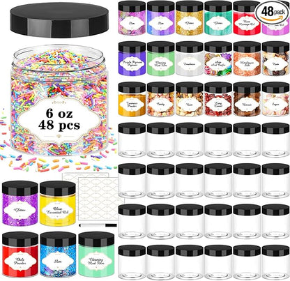 PeacePeo Plastic Jars with Lids, 48 Pcs 6 OZ Slime Containers with Screw On Lids Clear Round Plastic Storage Jars Refillable Container Jar for Travel Storage Home Kitchen Food
