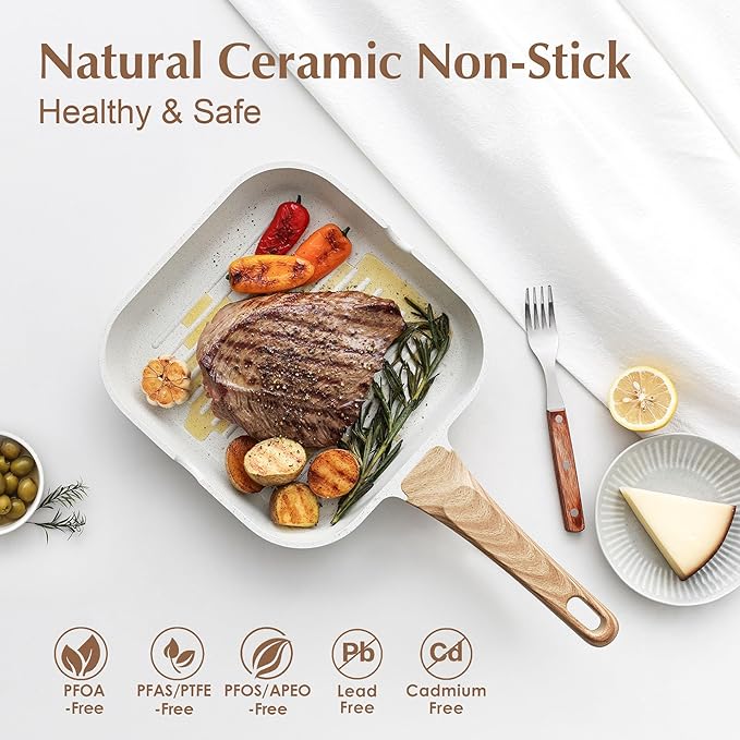 SENSARTE Nonstick Ceramic Grill Pan for Stove Tops, Versatile Square Grilling Pan with Pour Spouts, Durable Grill Skillet for All Stoves (Gas, Electric, Induction) Non-toxic PTFE/PFAS/PFOA Free