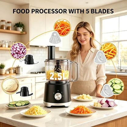 Simple Deluxe Food Processor 10.5 Cup, Multi-Functional Vegetable Choppers Food Grinder with Slicing Shredding Chopping Kneading, Suitable for Smoothie Fruit Dough, 2.6QT, Black