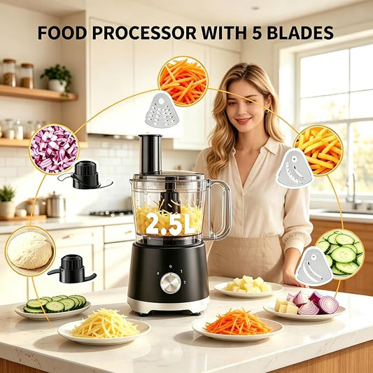 Simple Deluxe Food Processor 10.5 Cup, Multi-Functional Vegetable Choppers Food Grinder with Slicing Shredding Chopping Kneading, Suitable for Smoothie Fruit Dough, 2.6QT, Black