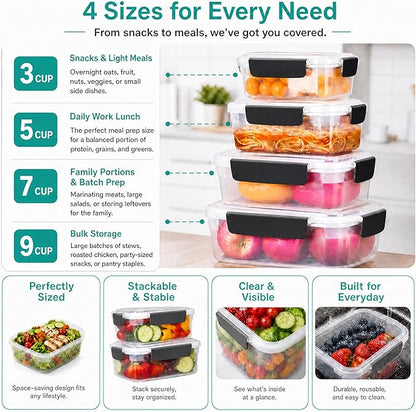 YORY 5 cup Plastic Food Storage Containers with Lids Nestable Freezer Dishwasher Safe Rectangle Meal Prep Container Set,5-Pack