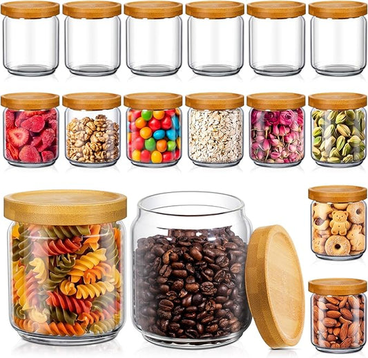 Irenare 16 Pack Glass Containers Canister Set, 17 oz Food Storage Spice Jars with Airtight Lids, Clear Kitchen Containers for Coffee Sugar Tea Beans Nuts Candy Pantry Organization (Bamboo)