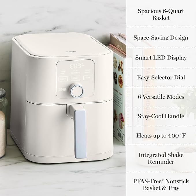 Martha Stewart 6QT Air Fryer, 6-in-1, Bake, Broil, Roast, Air Fry, Dehydrate, Reheat, Ceramic Non-Stick Basket, Crispy Results Fast, 400°F Max Temp, Shake Reminder, Linen Cream
