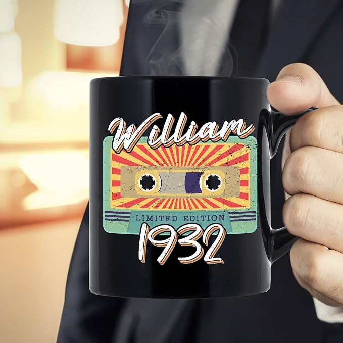 Personalized Vintage Cassette Tape Vintage 1932 Mug, Custom Your Name, 1932 Retro Coffee Mug, 90th Birthday Present Gifts, 1932 Birthday Gift For Friends Family, Customizable Black Tea Cups