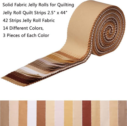 Nodsaw Solid Jelly Roll Fabric for Quilting 42 Strip 2.5" x 44", Cotton Fabric Strips Jelly Rolls for Quilting, Rug, Blanket, Quilt, and Crafts - Brown White Coffee Khaki Cream Ivory Natural