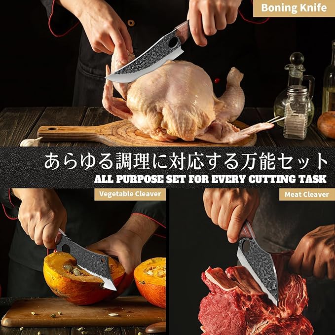 Huusk Butcher Knife Set of 3- Japanese Knife Set for Meat Cutting, Hand Forged Viking Knives Sets with Meat Cleaver, Heavy-Duty Kitchen Knives Sets for Bone BBQ Vegetable, Fathers' Day Gift for Dad