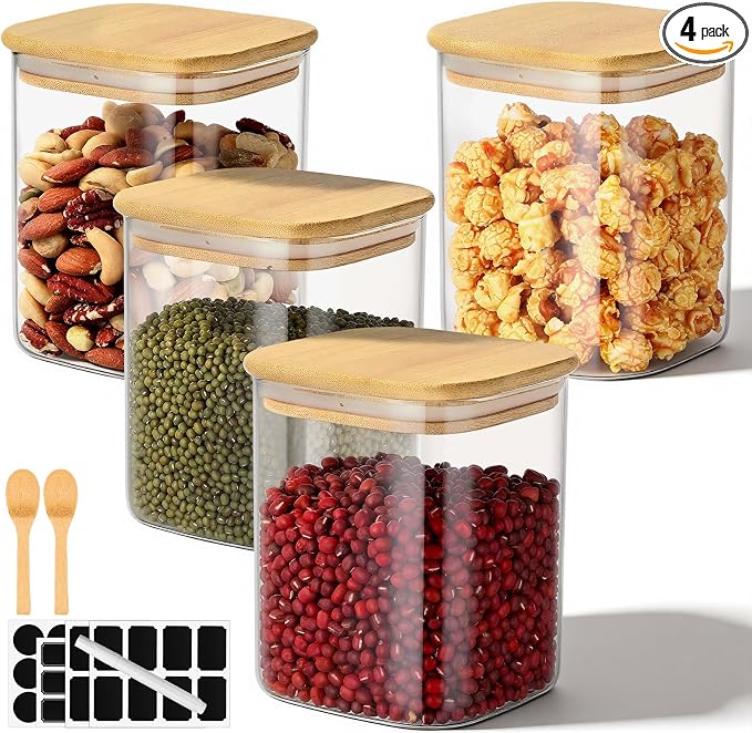Glass Storage Jars, 4 Pack 29 Fl.oz Square Glass Jars with Bamboo Lids, Clear Kitchen Pantry Storage Containers for Sugar, Coffee, Flour, Tea, Candy - Set Comes with Labels, Marker and Spoon