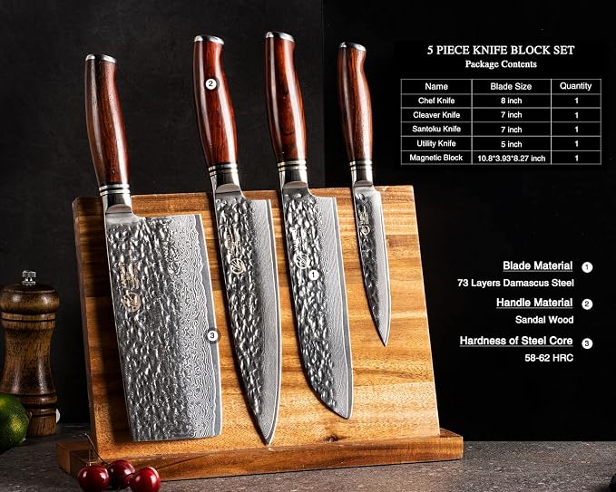 YARENH Cleaver Knife Set with Magnetic Block, Damascus Stainless Steel,73 Layers, 5 Piece Professional Sharp Kitchen Knife Set for Chef, Full Tang, Sandalwood Wood Handle