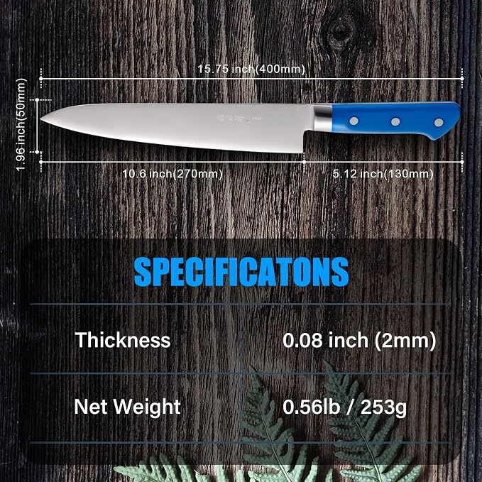 Japanese Chef Knife 10.6 inches, Professional Japanese Knife with Blue Ergonomic Handle for Household or Work