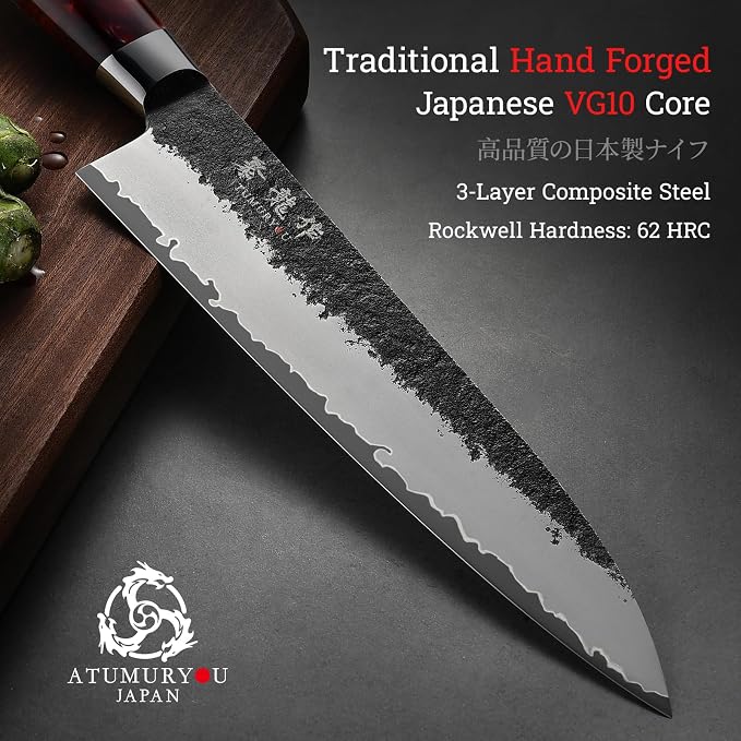 Japanese Chef Knife, 8 Inch Hand Forged Kitchen Knives with VG10 Core, Professional Gyuto Knife for Home & Restaurant, Sanmai Chefs Knives with Ergonomic Red Handle, Father Day Gift for Dad Husband