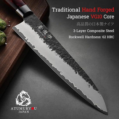 Japanese Chef Knife, 8 Inch Hand Forged Kitchen Knives with VG10 Core, Professional Gyuto Knife for Home & Restaurant, Sanmai Chefs Knives with Ergonomic Red Handle, Father Day Gift for Dad Husband