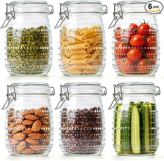 ComSaf 34oz 6 Pack Vintage Hobnail Glass Storage Jars with Airtight Clamp Lids, 1000ml Wide Mouth Clear Canister Set for Coffee Beans, Sugar, Snacks, Pasta, Pickling and Countertop Pantry Organization