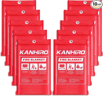 kanhiro Emergency Fire Blanket for Home Kitchen Fiberglass Fire Suppression Blanket Great for School, Fireplace, Grill, Car, Office, Warehouse (10 Pack, 39 in X 39 in)