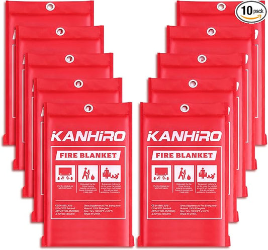 kanhiro Emergency Fire Blanket for Home Kitchen Fiberglass Fire Suppression Blanket Great for School, Fireplace, Grill, Car, Office, Warehouse (10 Pack, 39 in X 39 in)