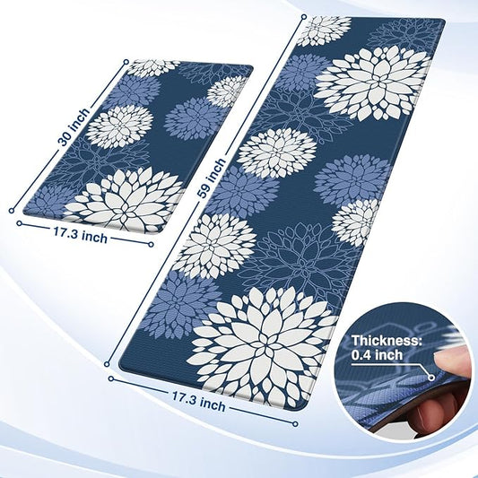 Kitchen Mats, 2PCS Non-Slip Cushioned Rugs, Anti-Fatigue Waterproof Floor Rug, Washable Standing Desk Mat, Home Laundry Office Apartment Decor and Accessories (17.3" ×59" +17.3" ×30"-Blue)