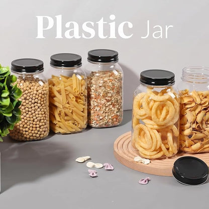 novelinks 32 oz Clear Plastic Jars with Lids, 12 Pack Large Plastic Mason Jars with Lids 32oz, Reusable Quart Containers for Kitchen Organization (12 Pack,Black)