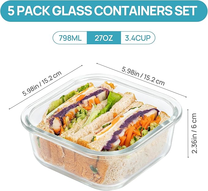 Vtopmart 5Pack 27oz Glass Storage Containers with Lids, Glass Meal Prep Food Container Sets, Sandwich Containers with Snap Airtight Lid for Microwave, Oven, Freezer and Dishwasher, Grey