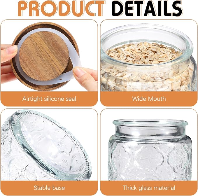 Domensi 6 Pcs Vintage Glass Jars 34 oz Glass Storage Jars with Lids Begonia Pattern Airtight Storage Containers for Kitchen Counter Pantry Coffee Bean Grains Tea Sugar Flour Candy Oats
