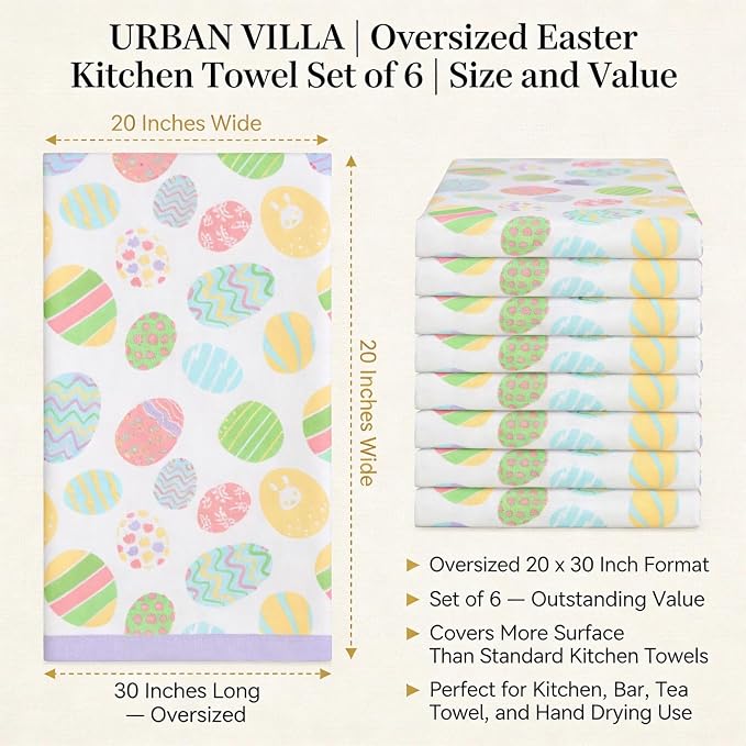 Urban Villa Kitchen Towels Set of 6 Dish Towels for Kitchen 100% Cotton Easter Print Kitchen Towels Mitered Corners Oversized 20X30 Inches Kitchen Towels Highly Absorbent Kitchen Hand Tea Towels