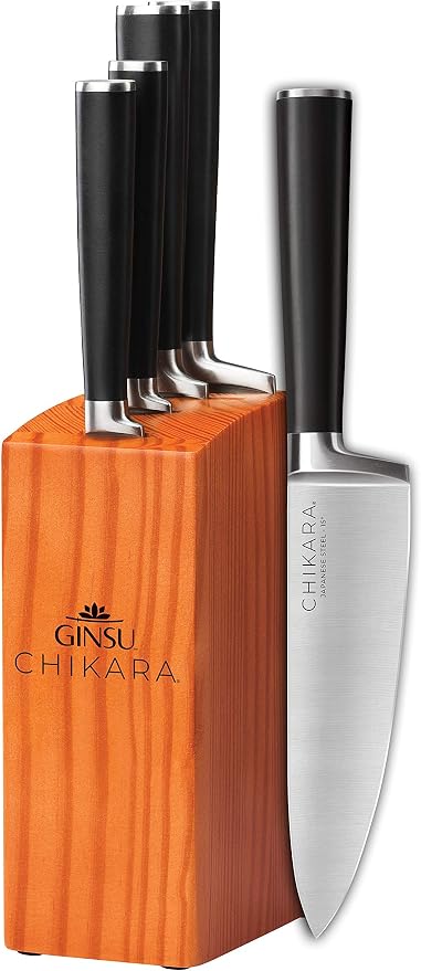 Ginsu Chikara Series Forged 5-Piece Japanese Knife Set, Black - Premium Cutlery Set with 420J Stainless Steel Kitchen Knives and Toffee Bamboo Block