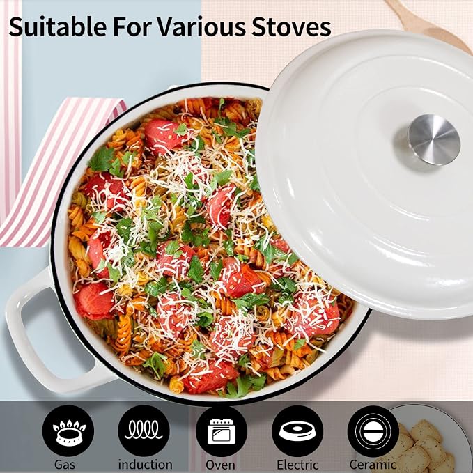 COOKWIN Enameled Cast Iron Braiser Pan, 3.8 Quart Shallow Dutch Oven with Lid, Heavy Duty Casserole Skillet with Dual Handles for Family or Friends Gifts, Oven-Safe to 500°F, White