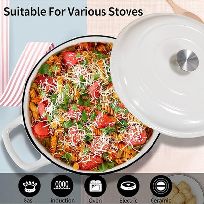 COOKWIN Enameled Cast Iron Braiser Pan, 3.8 Quart Shallow Dutch Oven with Lid, Heavy Duty Casserole Skillet with Dual Handles for Family or Friends Gifts, Oven-Safe to 500°F, White