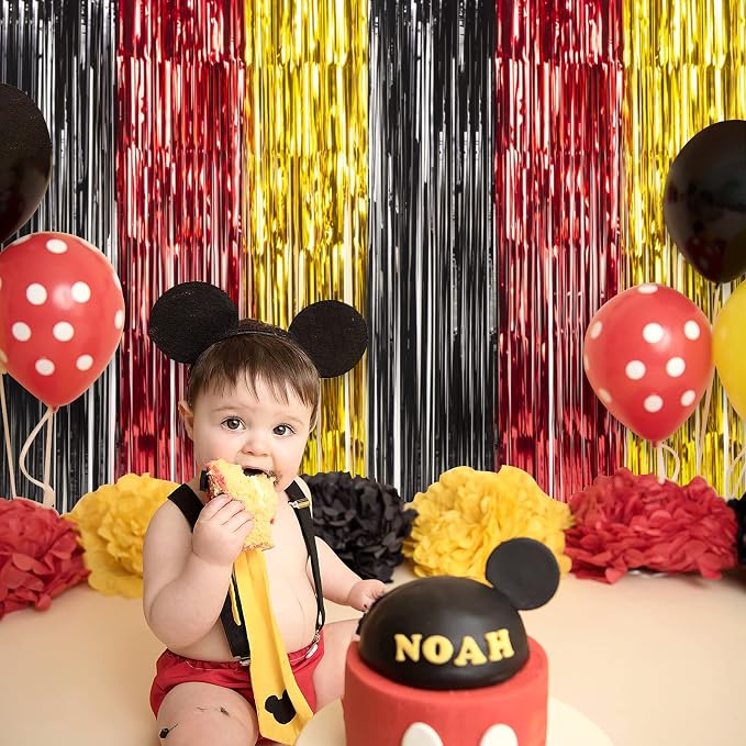 LOLStar 3 Pack Cartoon Mouse Birthday Party Supplies, 3.3x6.6 ft Black Red Gold Birthday Party Decorations Tinsel Foil Fringe Curtains Cute Mouse Photo Booth Props Metallic Backdrop Streamers for Boys