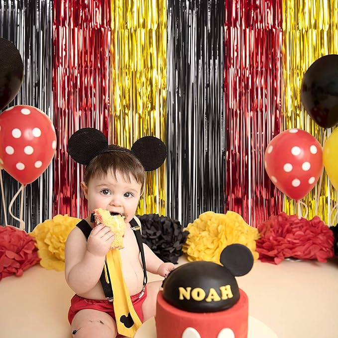 LOLStar Cartoon Mouse Birthday Party Supplies,5 Packs of 3.3x6.6 ft Black Red Gold Tinsel Foil Fringe Curtains, Cartoon Photo Booth Prop Streamer Backdrop, Birthday Party Decorations for Toddlers Kids