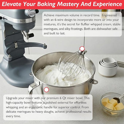 Stainless Steel Mixer Bowl and KN256 Whisk for Kitchenaid 6-7 Qt Bowl Lift Stand Mixer, Fit for KP26, KL26, KSM55/60/70 Ergonomic Handle, Polishesd Surface, Heavy Duty, with Scraper, Dishwasher Safe