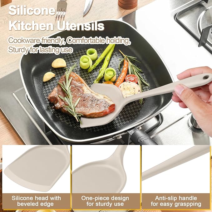 P&P CHEF Kitchen Utensil Set, 4 Pieces Non-stick Silicone Cooking Utensils, Heat-resistant Slotted Solid Spoon Turner for Frying, Mixing, Serving, Non-toxic & Easy to Clean, Khaki