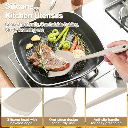 P&P CHEF Kitchen Utensil Set, 4 Pieces Non-stick Silicone Cooking Utensils, Heat-resistant Slotted Solid Spoon Turner for Frying, Mixing, Serving, Non-toxic & Easy to Clean, Khaki