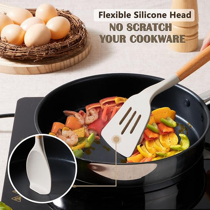 E-far Silicone Cooking Utensils Set, 5-Piece Kitchen Utensils Set with Wooden Handle for Cooking, Silicone Kitchen Nonstick Tools Spatula Turner Slotted Spoons, Nontoxic & Heat Resistant-Khaki